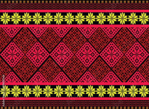 Ikat tribal pattern aztec art red background abstract symbols ethnic folk embroidery geometric shapes background wallpaper vector illustration print decorative design classical
