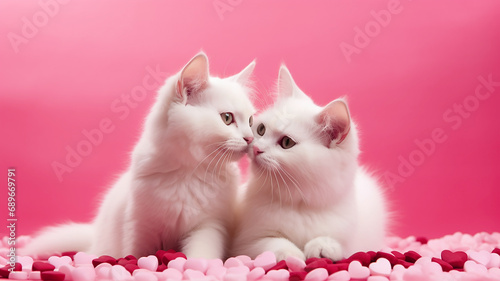 Two white fluffy lovesick cats are sitting next to each other on a pink background