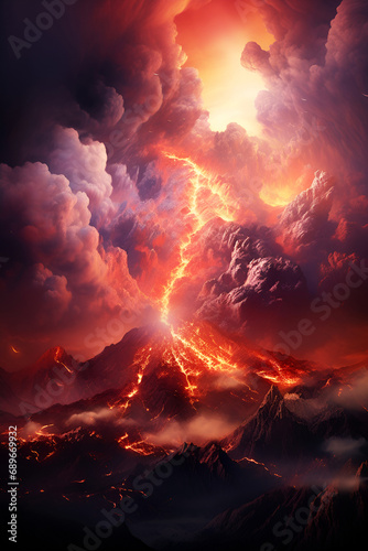 volcano and volcanic eruption, flowing lava and billowing smoke landscape