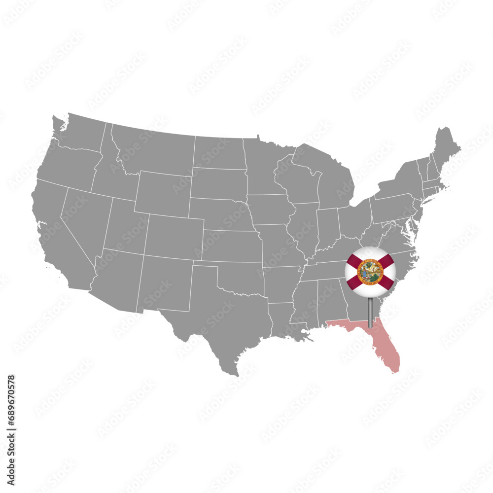 Map pointer with flag of Florida. Vector illustration.