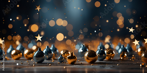 Gold star glitter falling christmas ornaments christmas black background with bokeh lights and stars.AI Generative © sobia