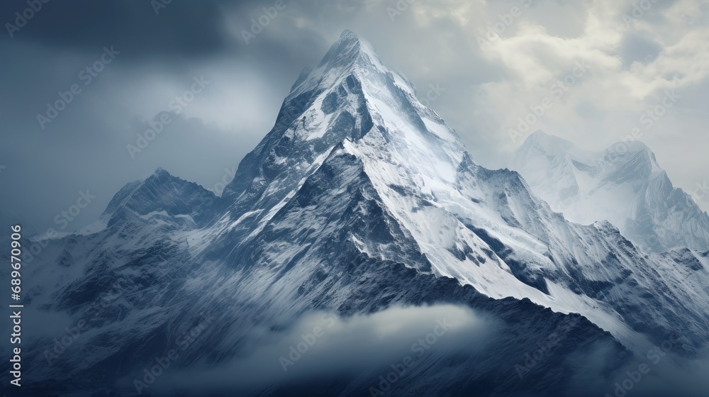 A snowy mountain scene with a snowy mountain behind it