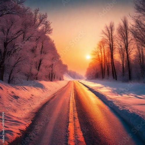 Road leading towards colorful sunrise at winter.