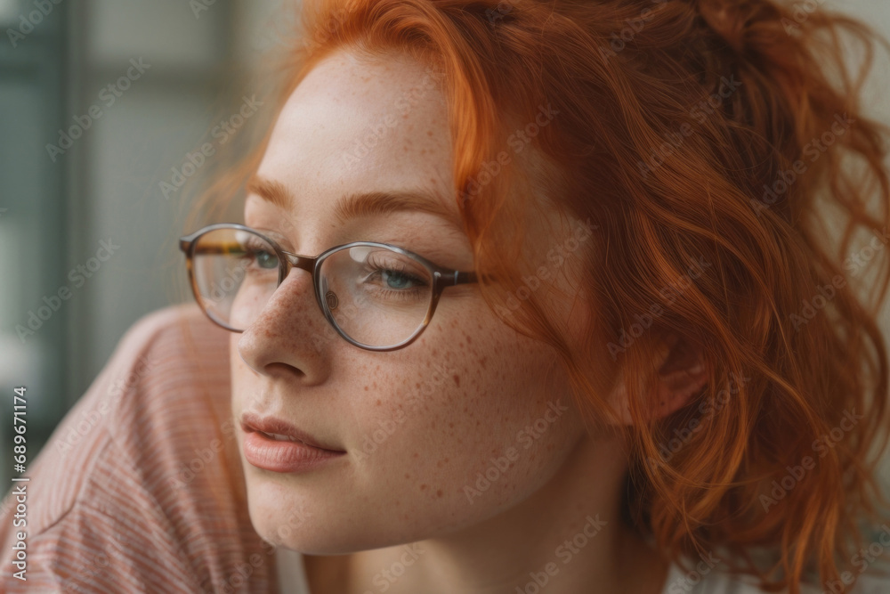 Close-up cropped portrait of a red-haired curly-haired young girl, woman, model with freckles Close-up cropped portrait of a red-haired curly-haired young girl, woman, model with freckles