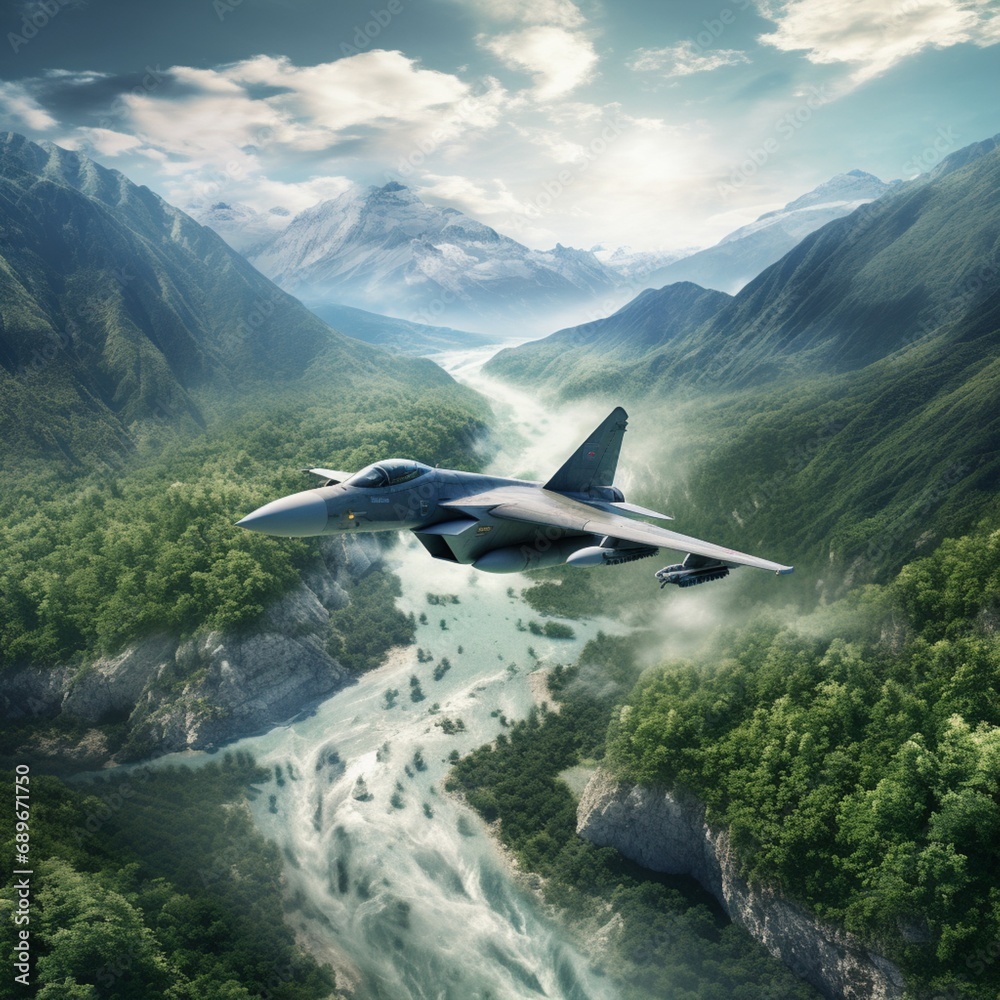 Fighter plane flying over mountain river image Generative AI Fighter plane flying over mountain river image Generative AI