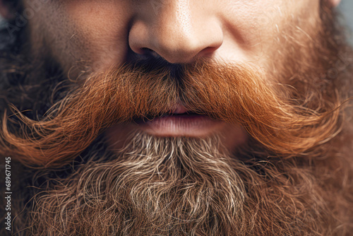 close up portrait of a persons mustache and beard in barbershop photo