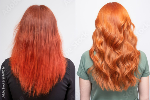 enchanting transformation of a young woman's hair, from unruly split ends to a rejuvenated and radiant red mane in a captivating before-and-after sequence.