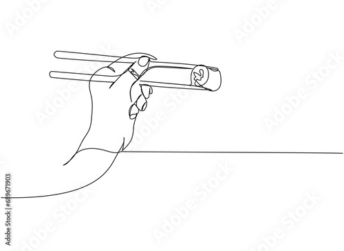 Sushi set, Philadelphia roll, maki, Sushi roll with chopsticks in hand one line art. Continuous line drawing of sushi, japanese, food, roll, culture, tasty, restaurant, japan, asian, sea, menu