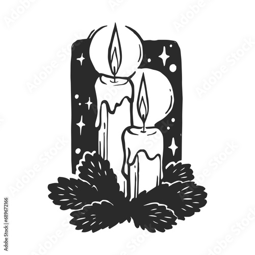 Vector hand-drawn illustration of candles with fir branches. Black and white sketch of Christmas decorations in cartoon style.