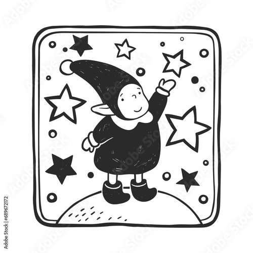 Vector hand-drawn illustration of Santa's little elf catching a star in linocut style. Black and white sketch with a New Year's symbol for creating a stamp.