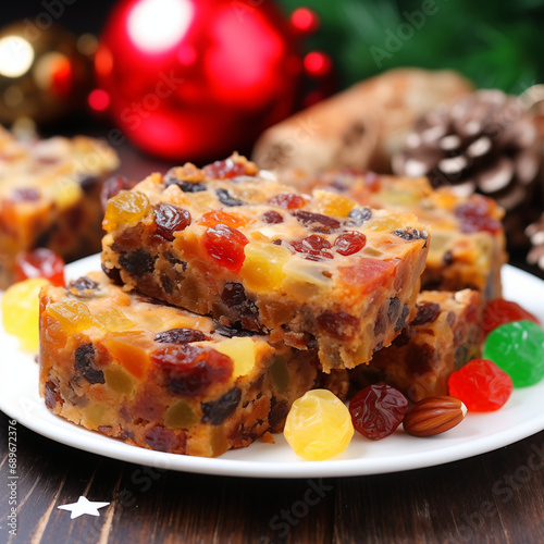 Traditional Christmas fruit cake is moist, colorful, and packed with yummy mix-ins, like dried fruit and nuts in rectangular shape