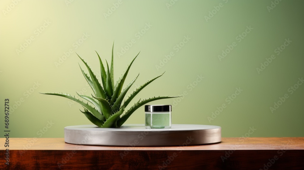 Minimalist aloe vera plant and aloe vera gel product display montage Skin care concept Minimalist aloe vera plant and aloe vera gel product display montage Skin care concept