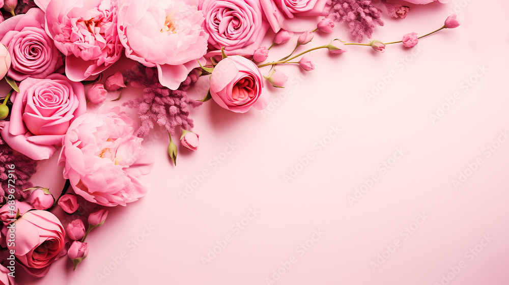Pink roses on soft pink background View from top, space for text. Pink roses on soft pink background View from top, space for text.