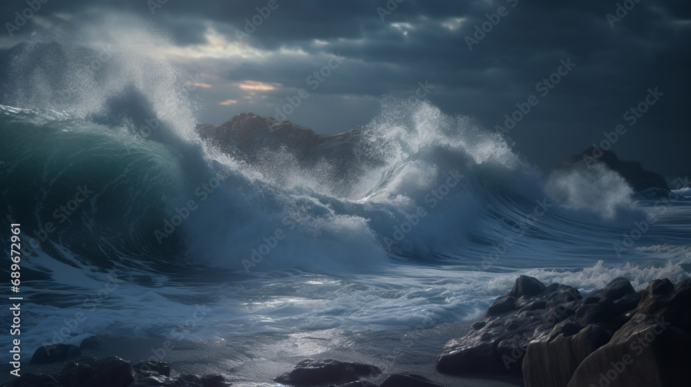 Fototapeta premium Storm at sea and ocean. Ocean waves. Big waves at night.
