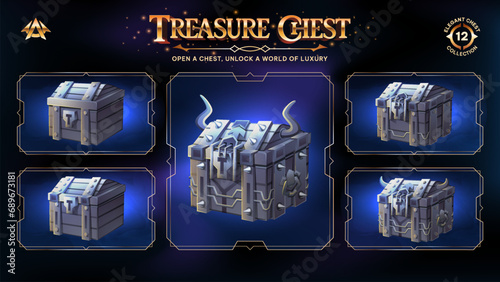 Treasure Chests Collection Unveiling a Realm from Basic to Upgraded Levels for RPG, Fantasy, and Medieval Games-Vector illustration Design