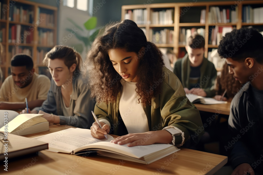 Students in the school library are preparing for lessons and exams. Students in the school library are preparing for lessons and exams.