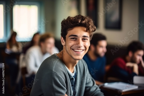 A smiling student is sitting at a desk in a classroom at school.