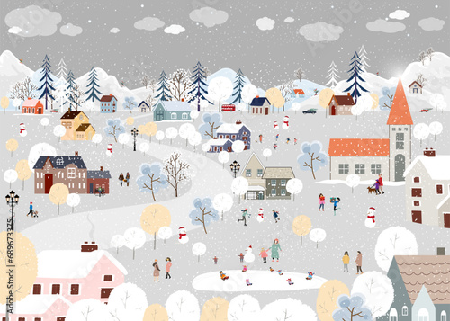 Christmas background Winter Landscape in Christmas eves at night in City Vector cute cartoon Winter Wonderland in the town People celebration in the park on New Year Banner Design for Holiday season
