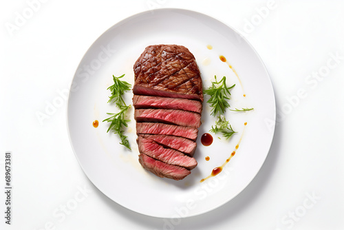 medium rare steak in a white plate on a light blue background, top view
