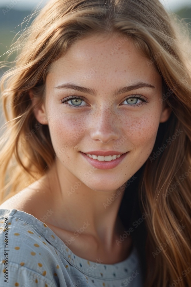Close-up portrait of a beautiful smiling happy young girl with blue eyes looking at the camera against the background of nature in summer. Close-up portrait of a beautiful smiling happy young girl with blue eyes looking at the camera against the background of nature in summer.