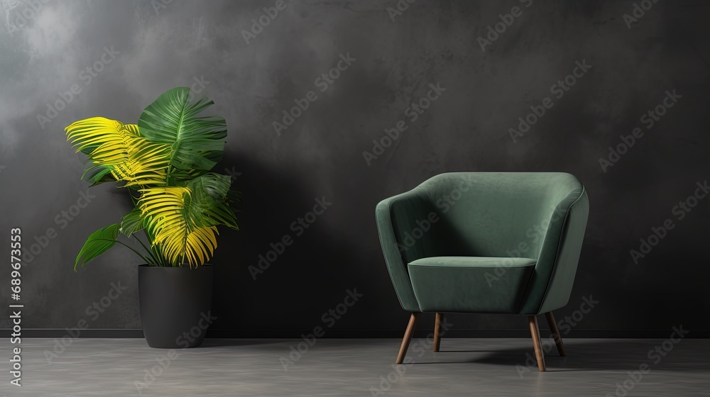Dark green armchair and a big house plant in a big vase in modern home decoration. Part of the interior in a minimalist style against the background of a dark gray concrete wall.