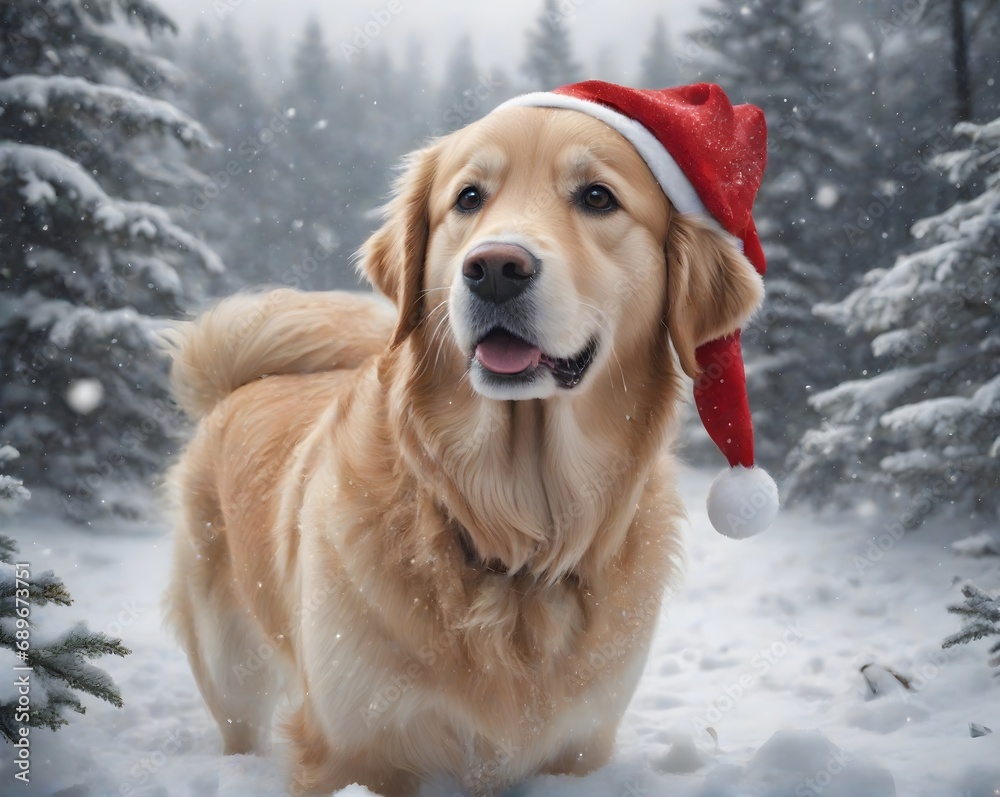 Cute golden retriever dog wearing Christmas red Santa Claus hat in snow falling sky scene. Winter Forest Landscape. Christmas Holidays. Christmas Card. 