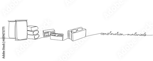 Construction materials, concrete block, brick, building materials one line art. Continuous line drawing of repair, professional, hand, people, concept with inscription, lettering, handwritten.