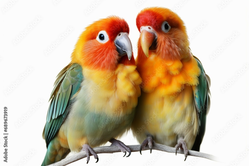 Adorable lovebirds agapornis fischeri paired and isolated on a pristine white background - obrazy, fototapety, plakaty 