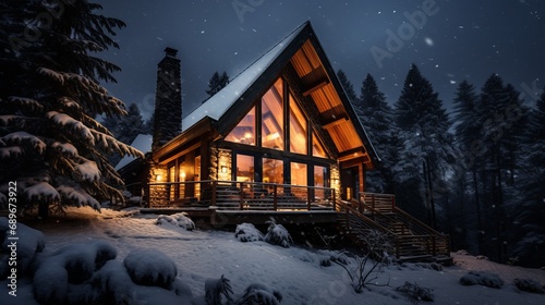 A cabin that is surrounded by snow and has lights on © Suleyman Mammadov
