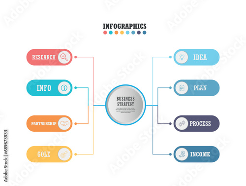 Hexagonal diagrams showing results of work, work procedures, and planning. 8-set infographic design.