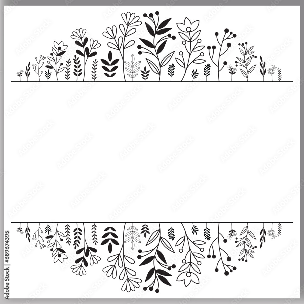 Floral hand-drawn frame Outlined doodle flowers and leaves frame for your text vector