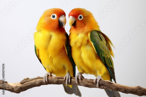 Lovebirds agapornis fischeri captured together in isolation on a clean white backdrop