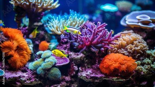 A coral reef in a tank that is colorful