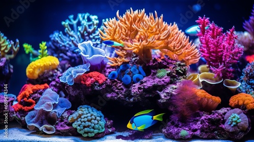 A coral reef in a tank that is colorful