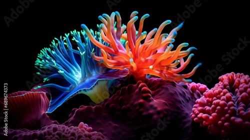 A coral reef that is colorful with both black and blue backgrounds