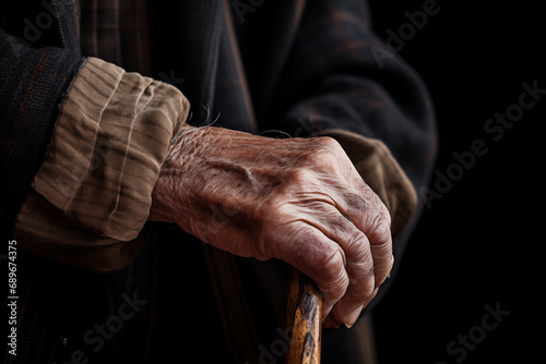 Close-up of the hand of an old white persone with a wooden stick in dark clothes on a black background.