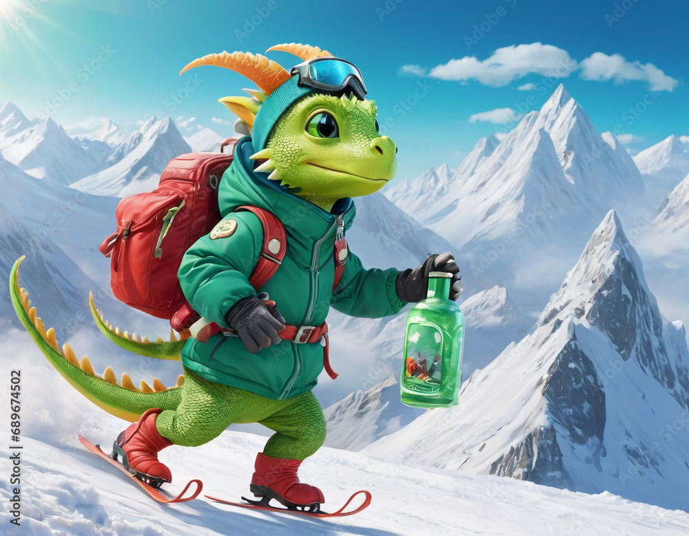 A green little dragon in a winter jacket is skiing in the snow in the mountains in a ski mask with a flask in his hands