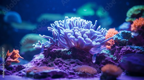 A coral reef was illuminated by a blue light.
