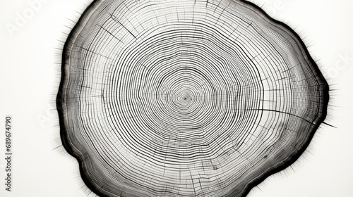 A graphic print of uneven black tree rings, wavy space between some rings isolated on white background. Wood rings