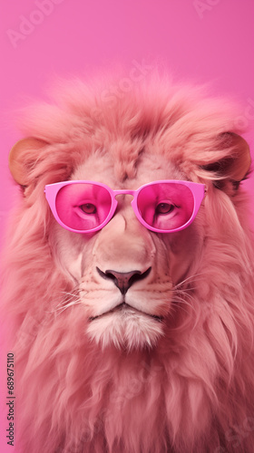The cute lion in pink glasses on a pink background. © LAJT