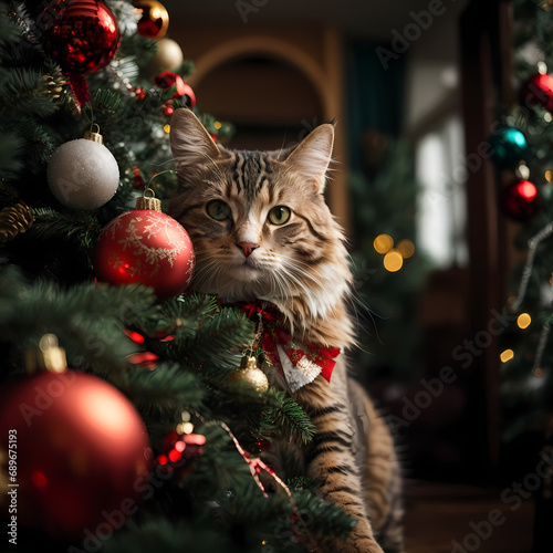 Obraz na płótnie cat and christmas tree