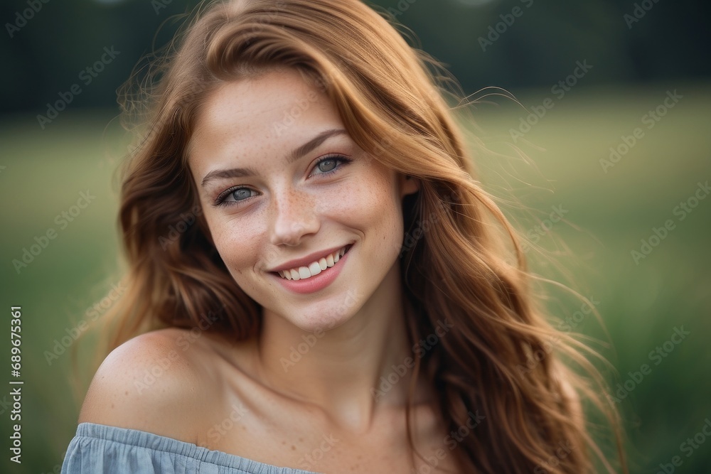 A beautiful charming smiling young woman with long curly hair looks at the camera against the background of nature. Summer, happiness, emotions, natural beauty of the concept. A beautiful charming smiling young woman with long curly hair looks at the camera against the background of nature. Summer, happiness, emotions, natural beauty of the concept.