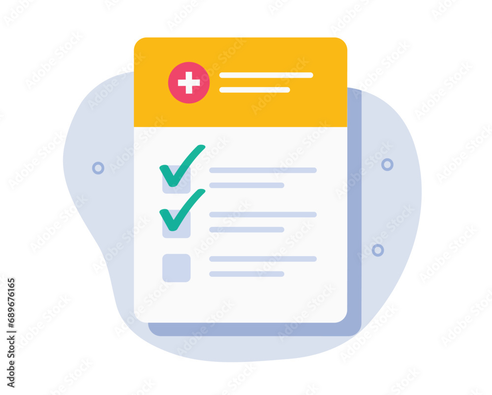 Health medical insurance checklist test exam form vector icon graphic illustration, flat cartoon healthcare diagnostic card paper document fill, medicine register checkup results list image clipart - obrazy, fototapety, plakaty 