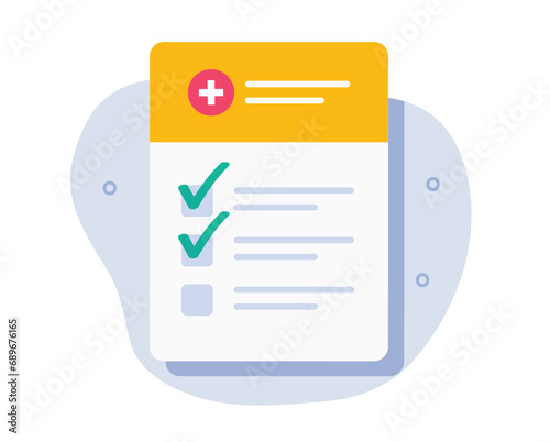 Health medical insurance checklist test exam form vector icon graphic illustration, flat cartoon healthcare diagnostic card paper document fill, medicine register checkup results list image clipart