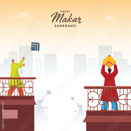 Happy Makar Sankranti Celebration Background with Cartoon Men Flying Kites on Their Balcony Roof.