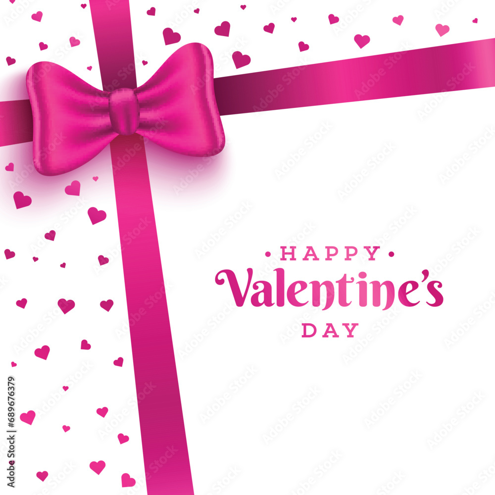 Happy Valentine's Day Gift or Greeting Card with Glossy Pink Ribbon Bow and Tiny Heart Shapes Decor White Background. Happy Valentine's Day Gift or Greeting Card with Glossy Pink Ribbon Bow and Tiny Heart Shapes Decor White Background.