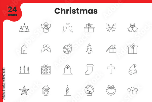 Illustration of Black Line Art Christmas Icon Set on White Background.