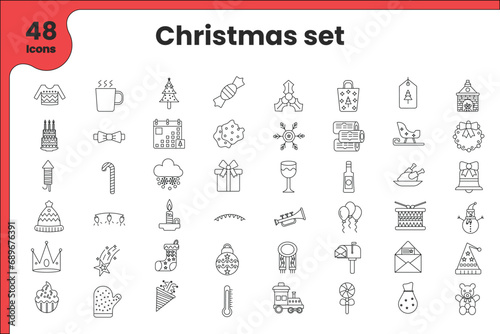 Illustration of 48 Christmas Icon Set in Stroke Style.