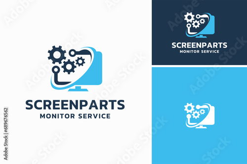 Gear Cog Wheel Component Spare Parts with Monitor for LCD LED Computer Screen Laptop Service Maintenance Repair Logo Design
