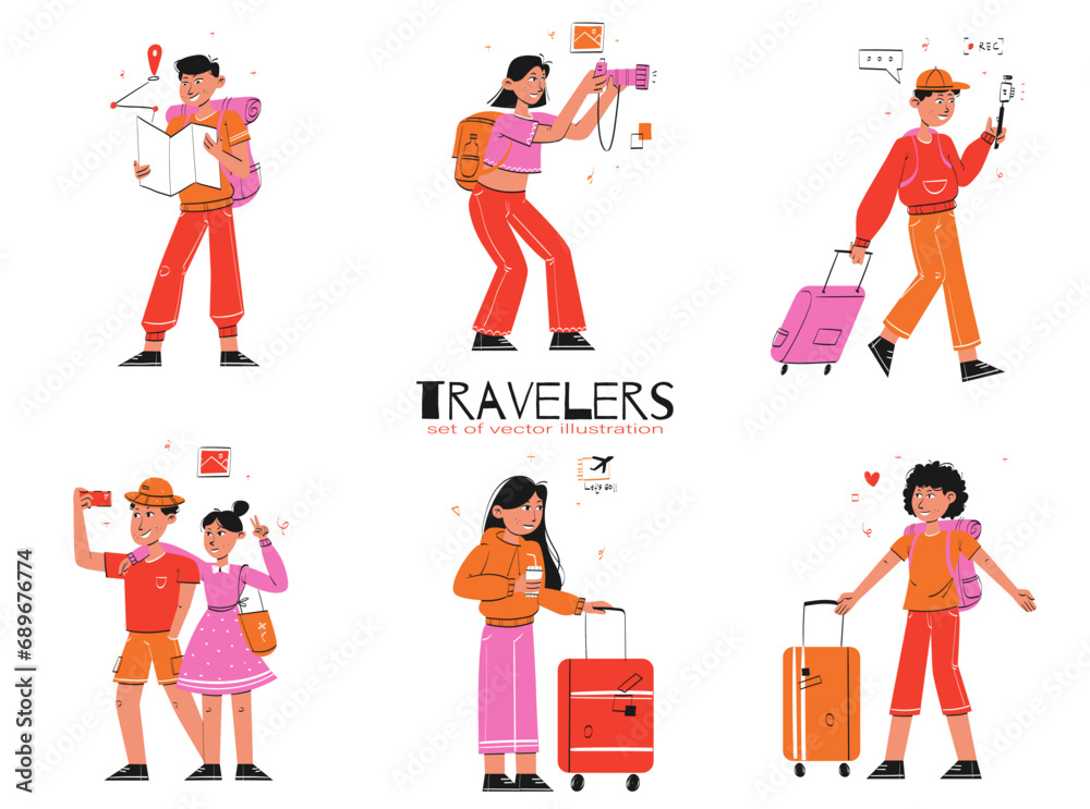 Travelers Concept illustrations. Collection of scenes with men and women taking part in tourism activities. Perfect for Website and Mobile Application & other design works.